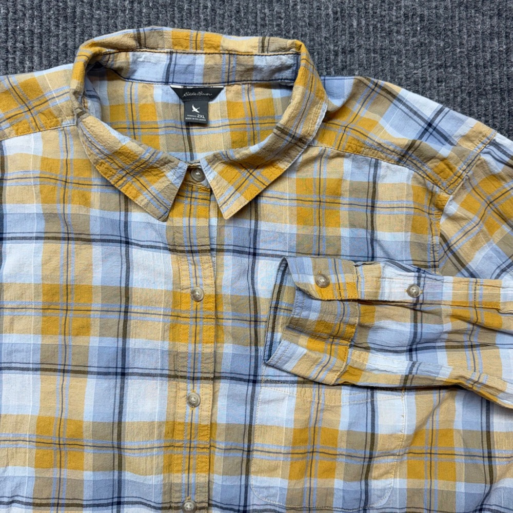 Eddie Bauer Plaid Shirt Womens 2XL Yellow Blue Cotton Blend Button Up